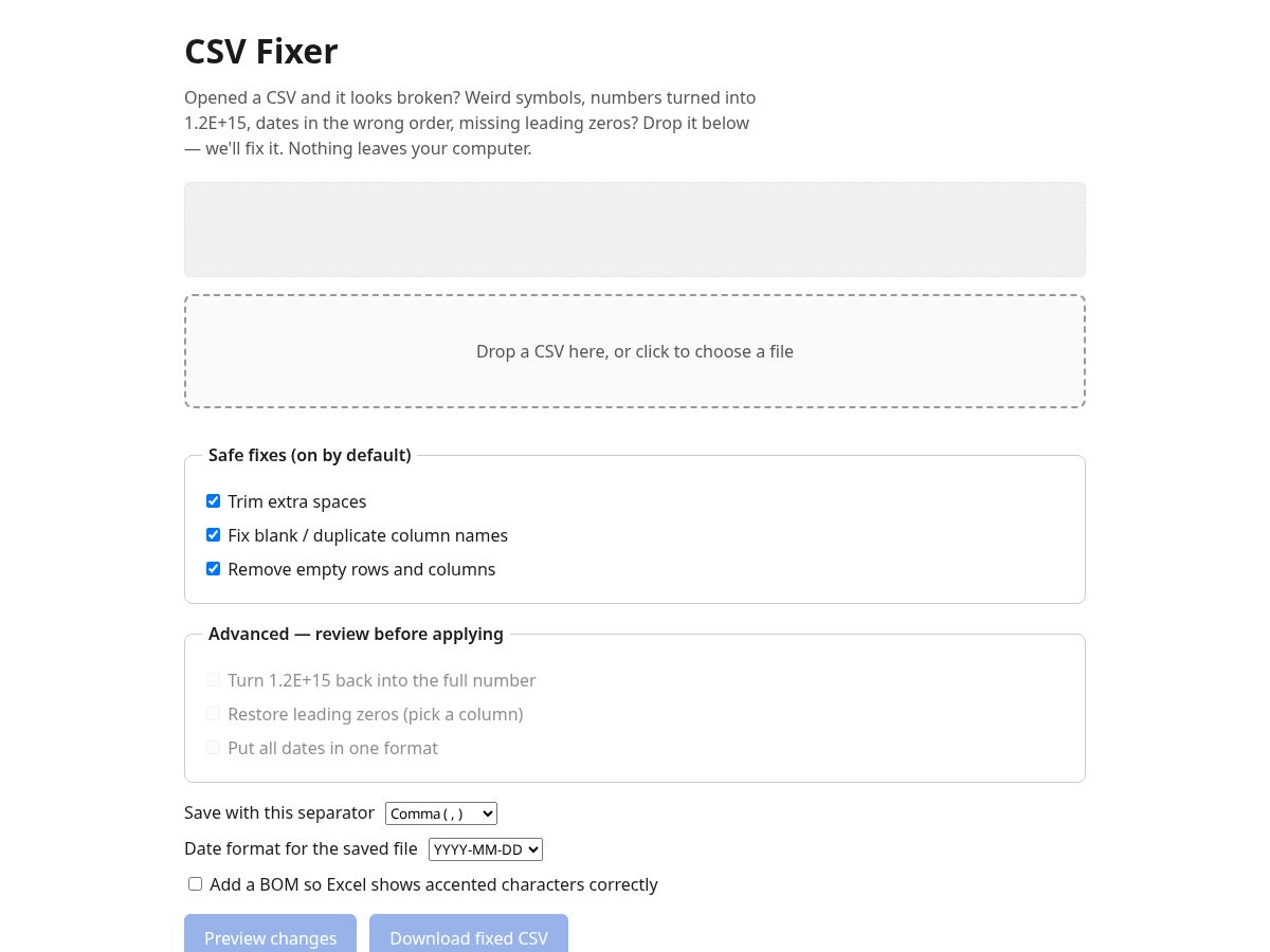 Landing-page snapshot of csvfixer.app