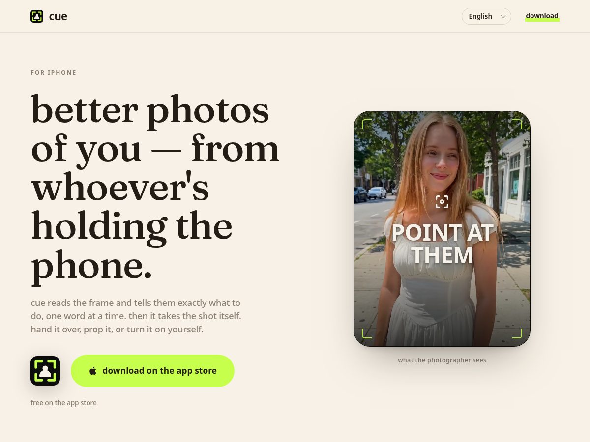 Landing-page snapshot of cuephoto.app