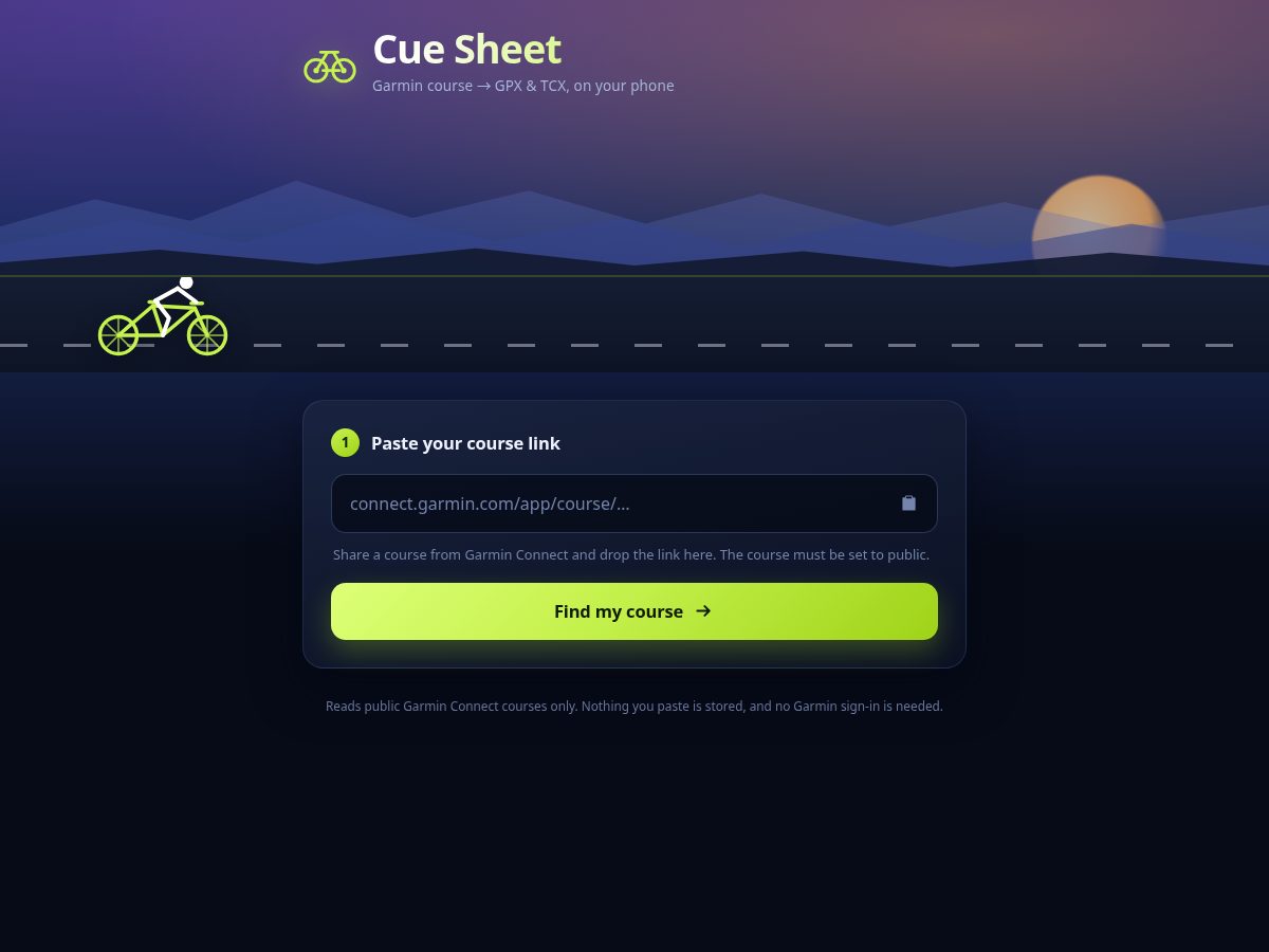 Landing-page snapshot of cuesheet.bike