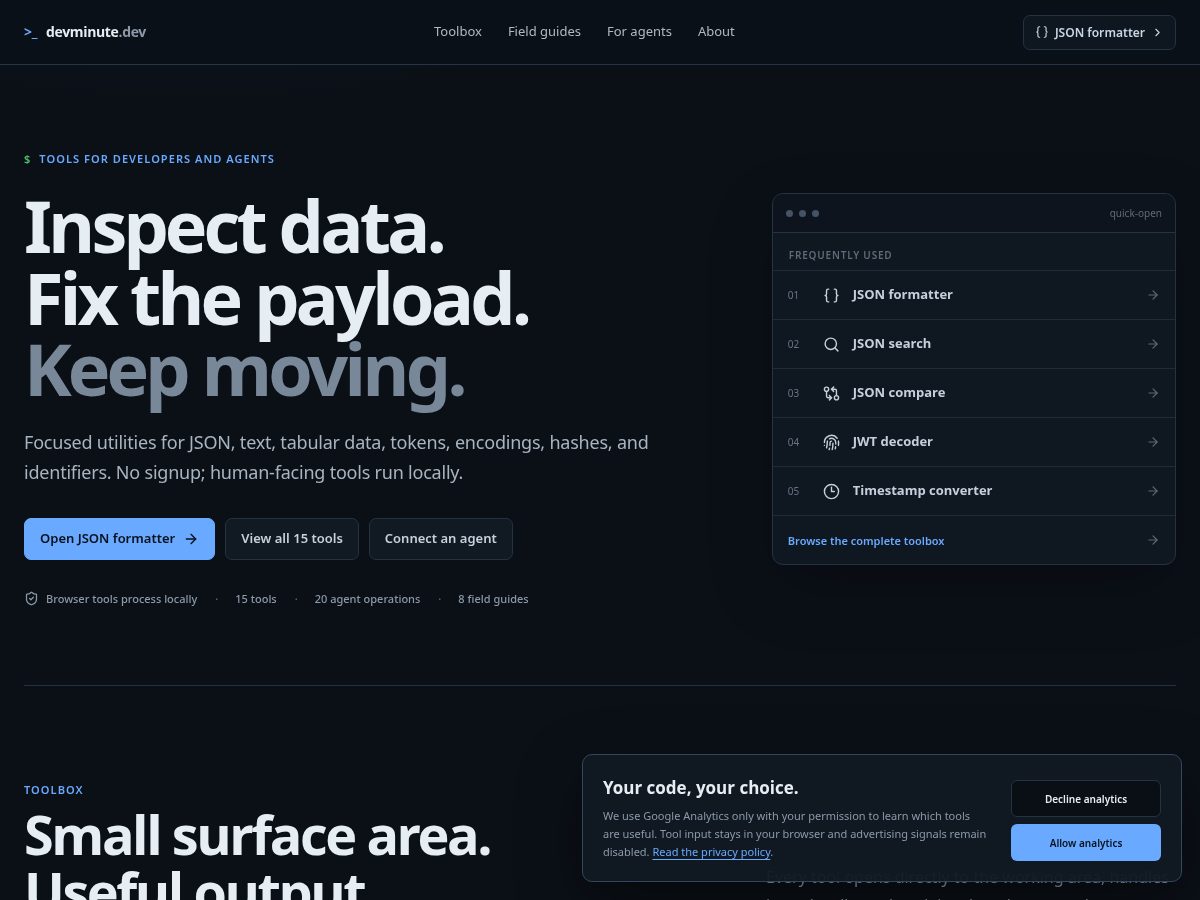 Landing-page snapshot of devminute.dev