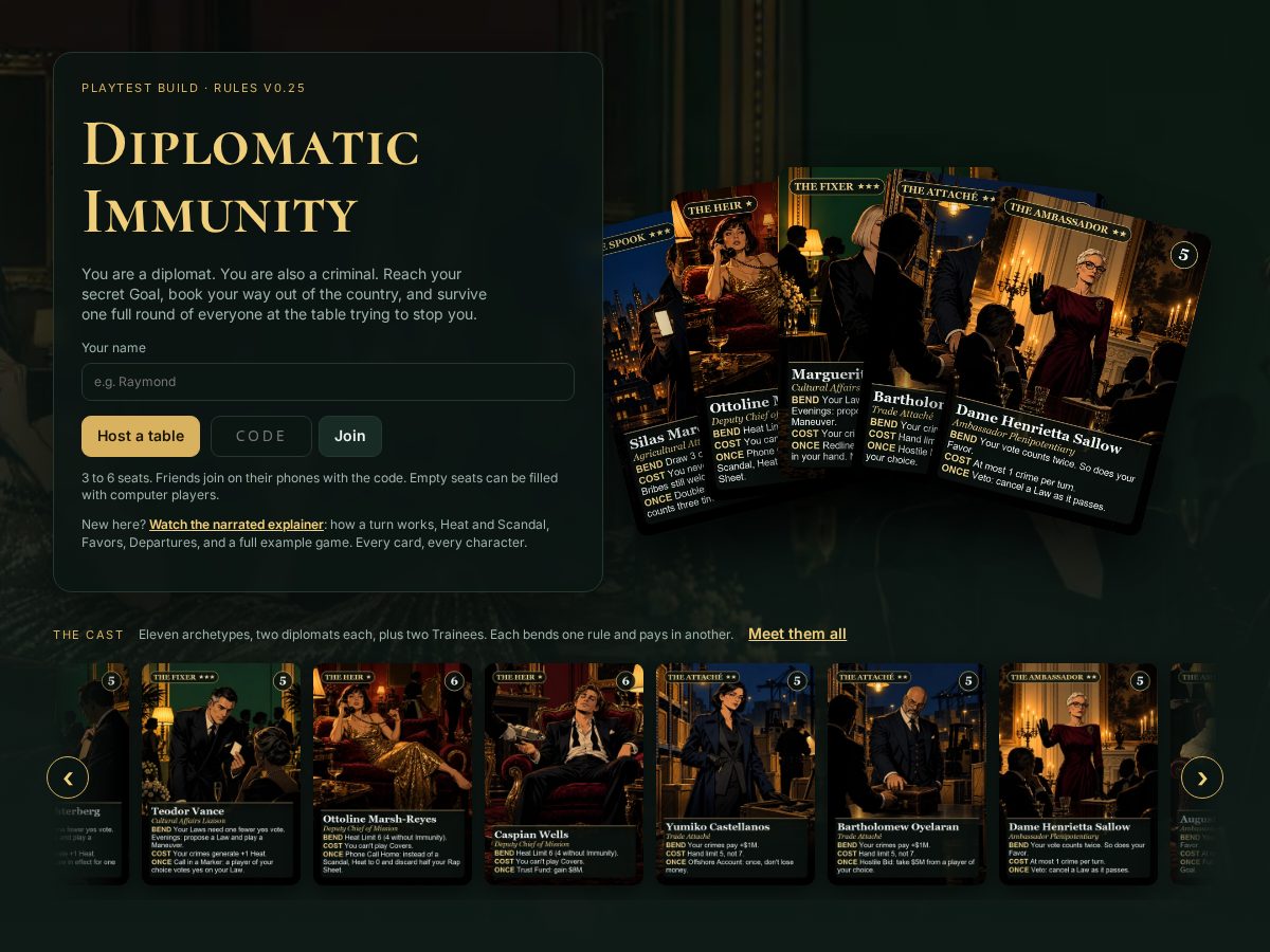 Landing-page snapshot of diplomatic-immunity-game.com