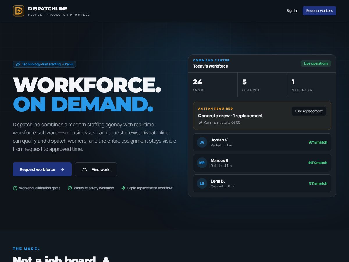 Landing-page snapshot of dispatchline.app