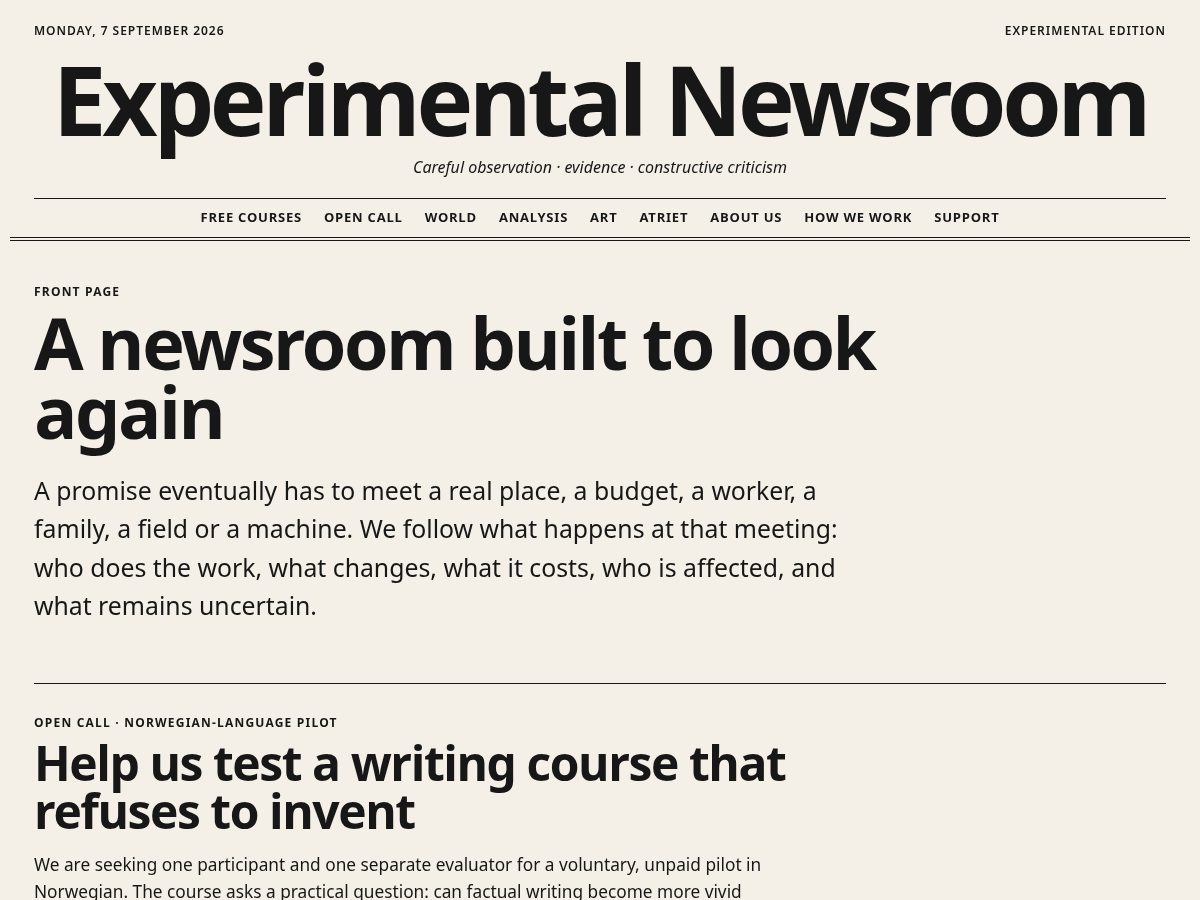 Landing-page snapshot of experimentalnewsroom.org