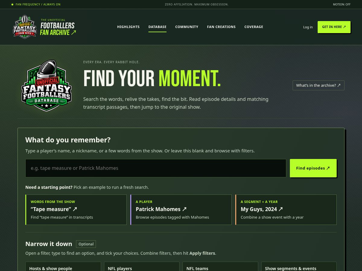 Landing-page snapshot of fantasyfootballersdatabase.com