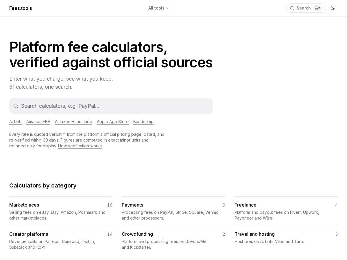 Landing-page snapshot of fees.tools