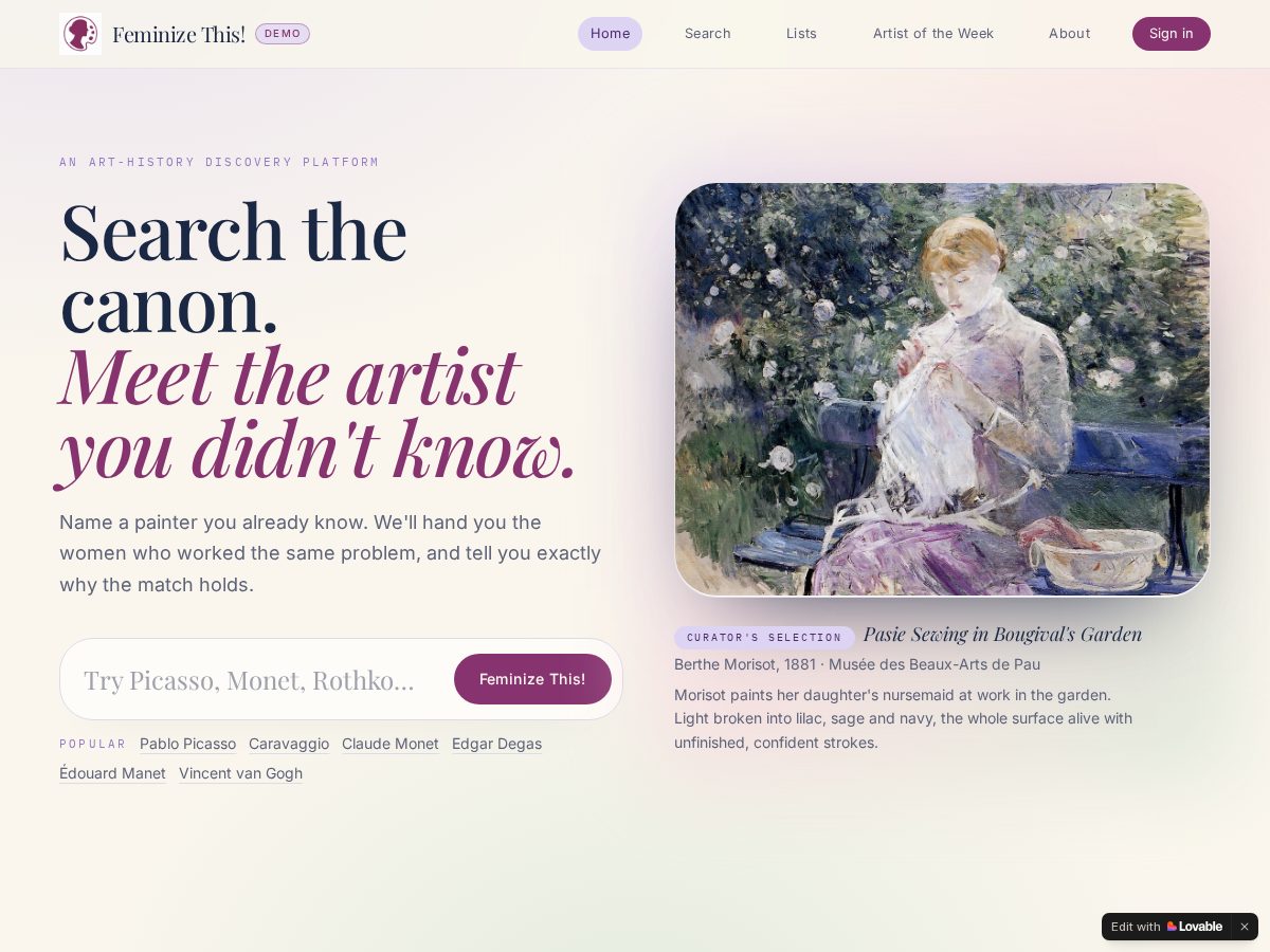 Landing-page snapshot of feminizethis.app