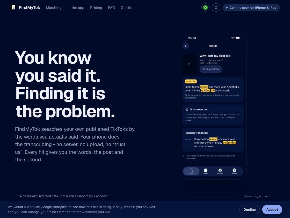 Landing-page snapshot of findmytok.app