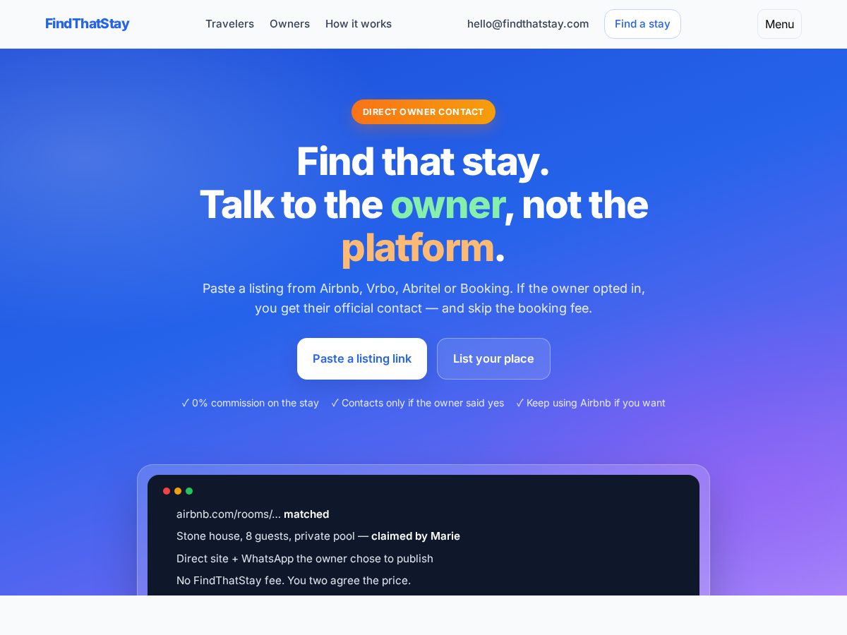 Landing-page snapshot of findthatstay.com