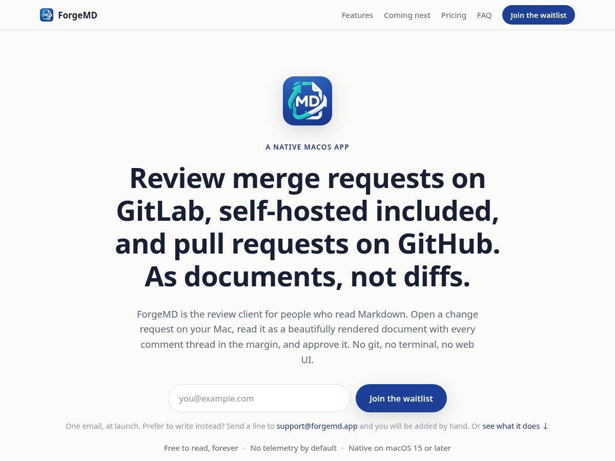 Landing-page snapshot of forgemd.app