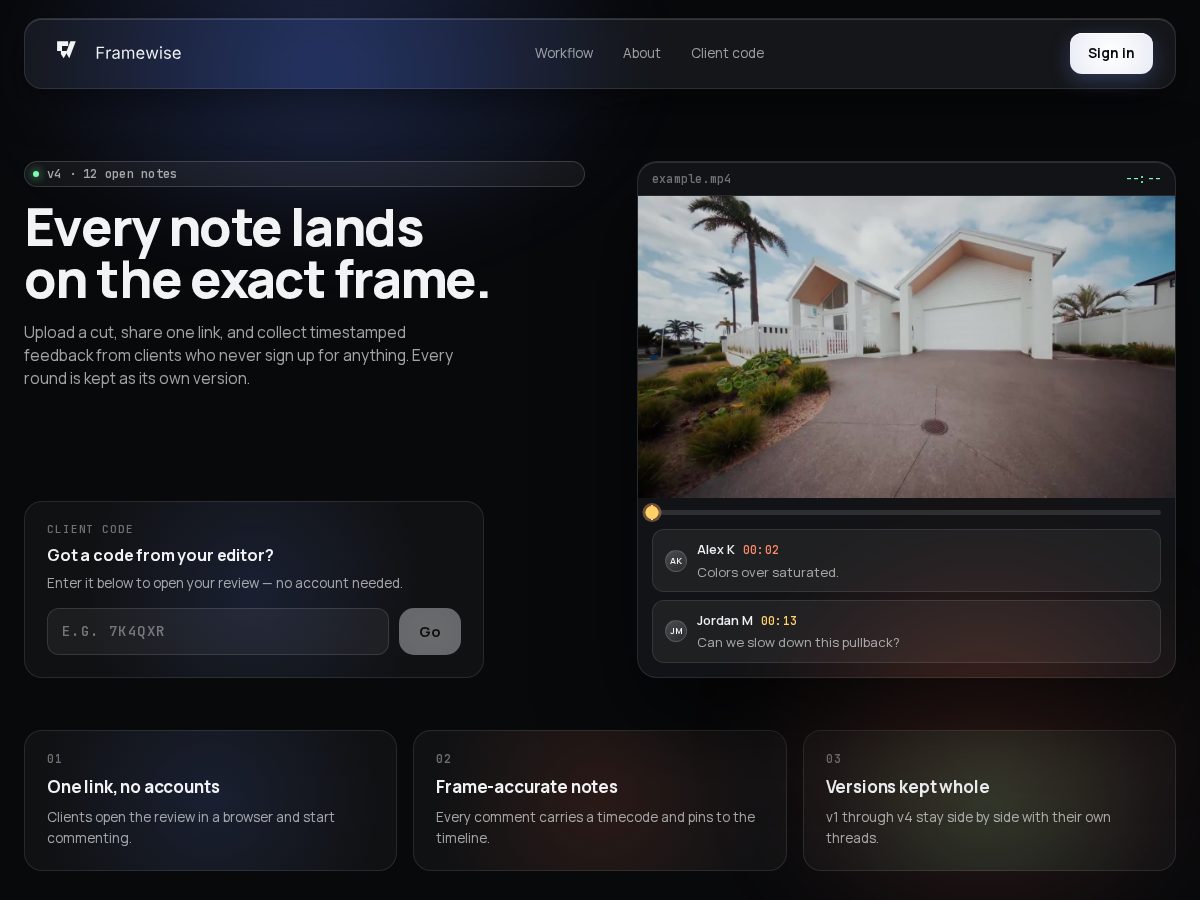 Landing-page snapshot of framewise.space