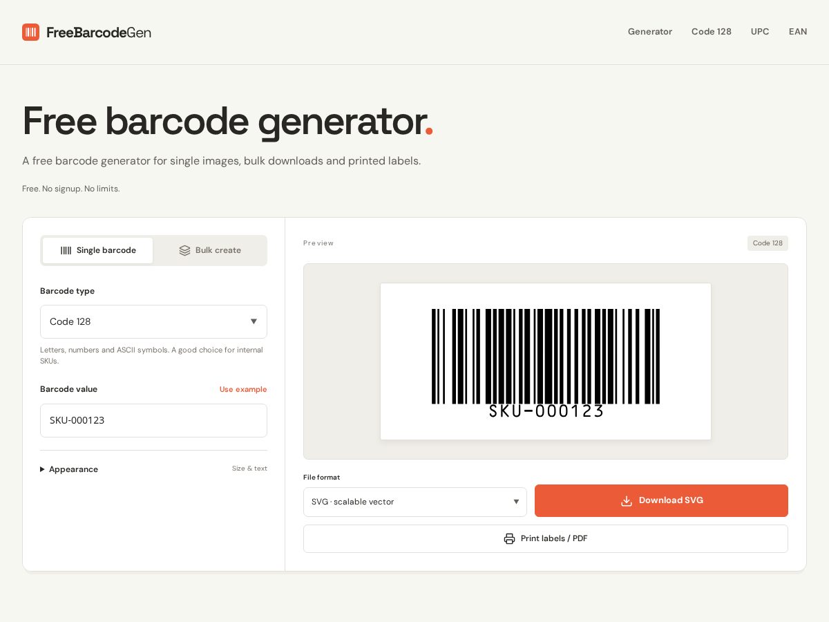 Landing-page snapshot of freebarcodegen.com