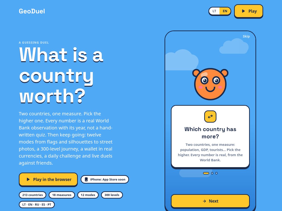 Landing-page snapshot of geoduel.fun