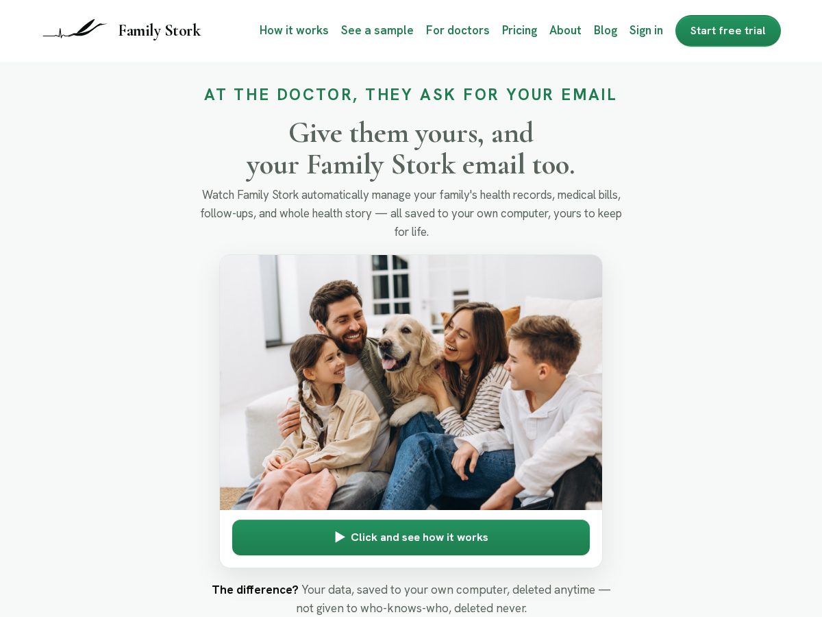 Landing-page snapshot of getfamilystork.com