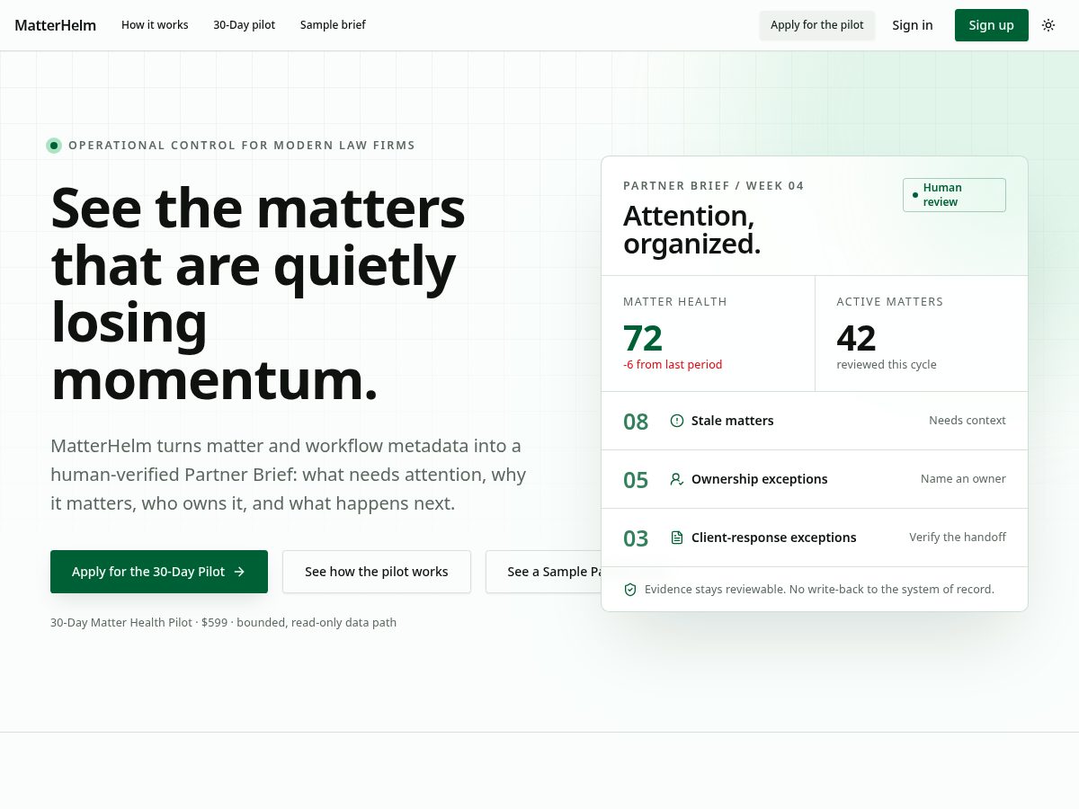 Landing-page snapshot of getmatterhelm.com