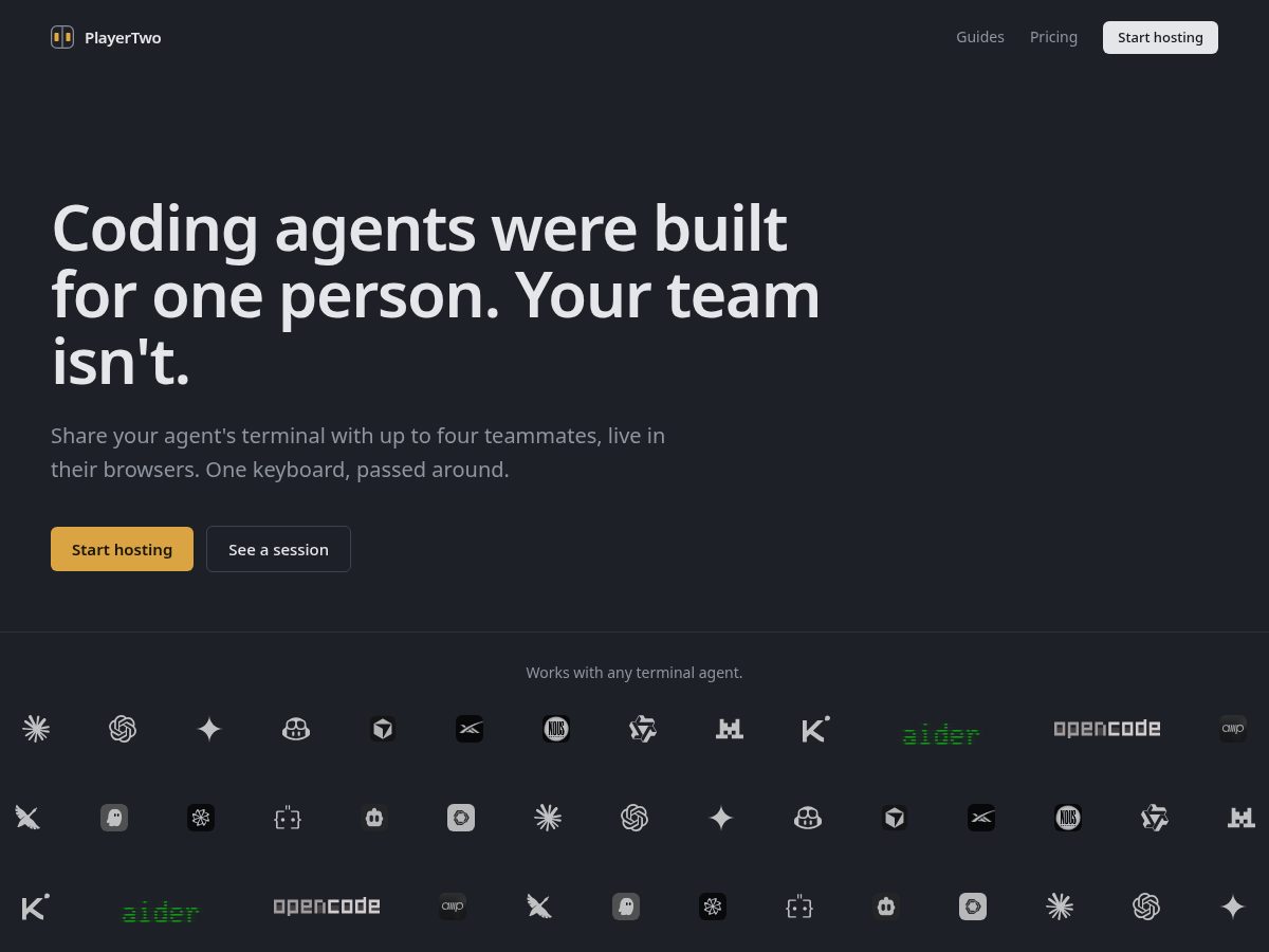 Landing-page snapshot of getplayertwo.dev