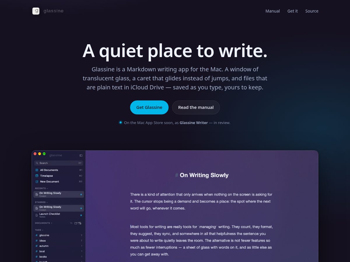 Landing-page snapshot of glassinewriter.com