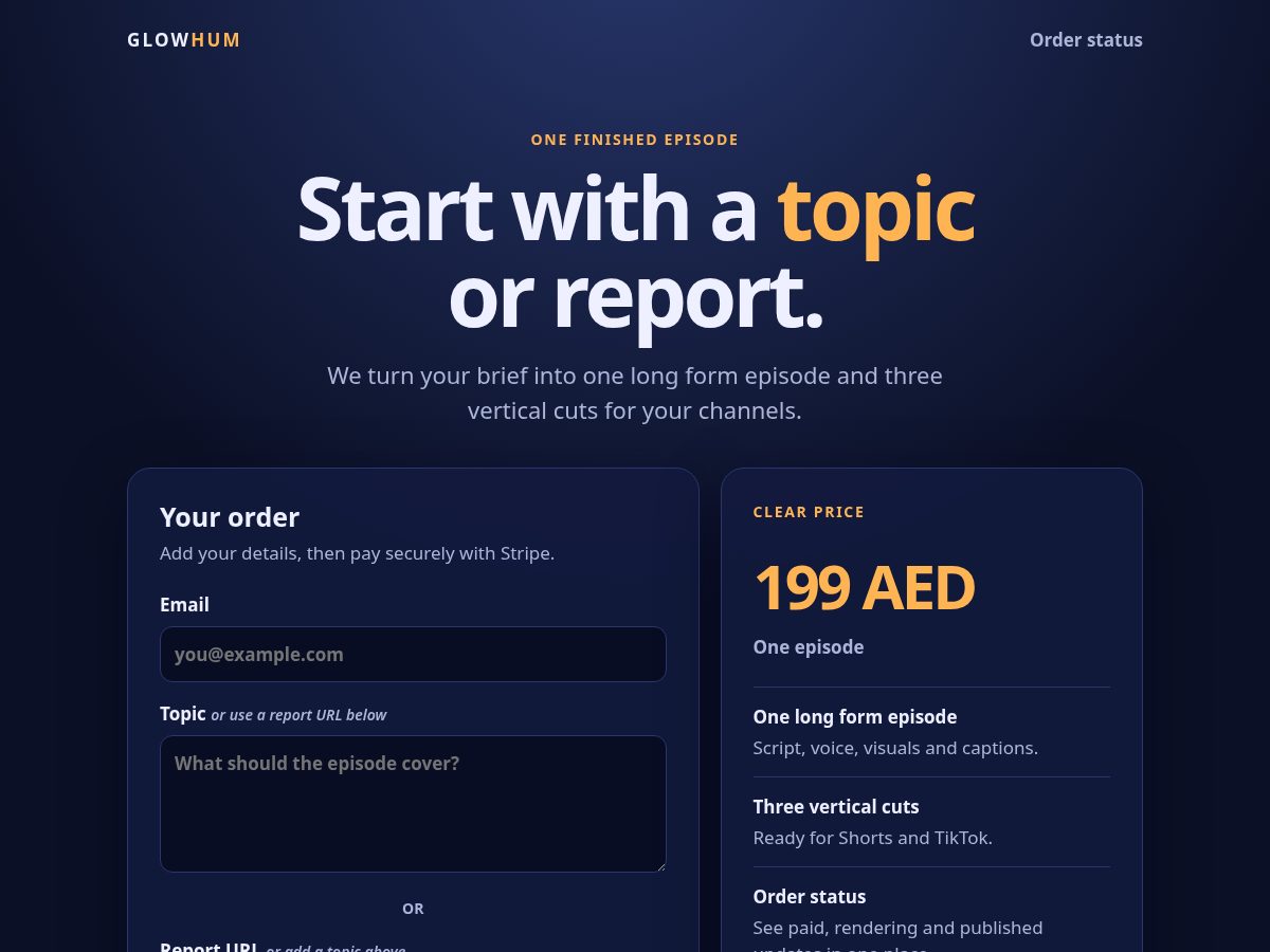 Landing-page snapshot of glowhum.com