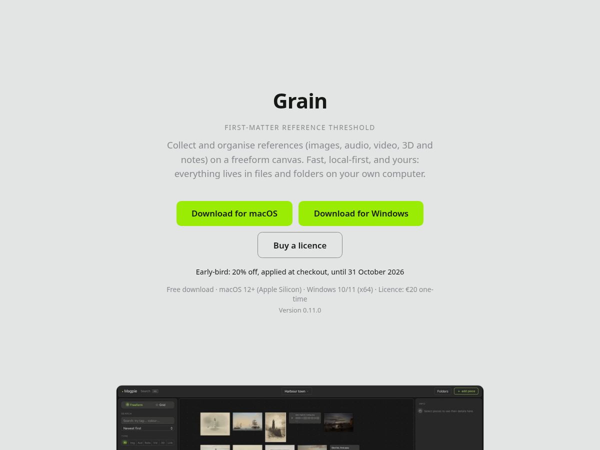 Landing-page snapshot of grainref.app