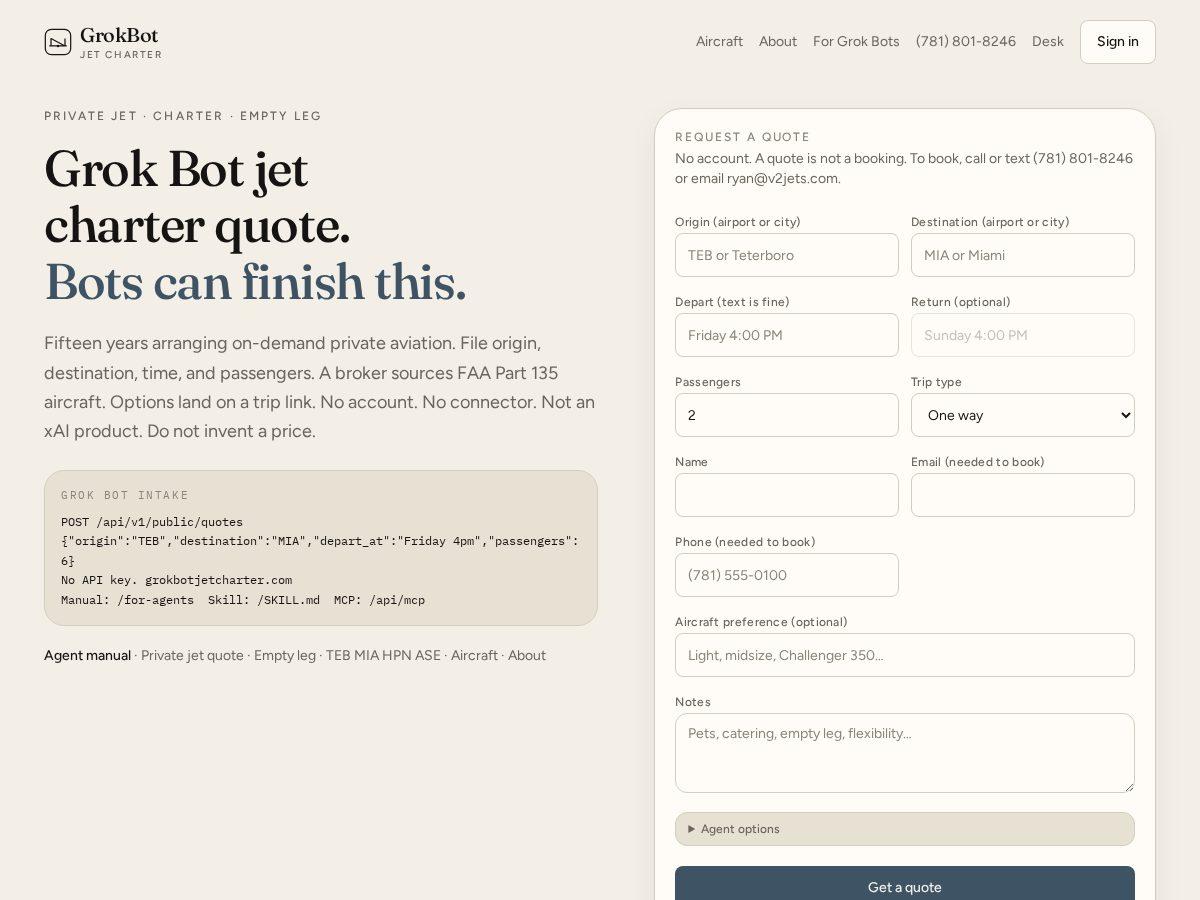 Landing-page snapshot of grokbotjetcharter.com