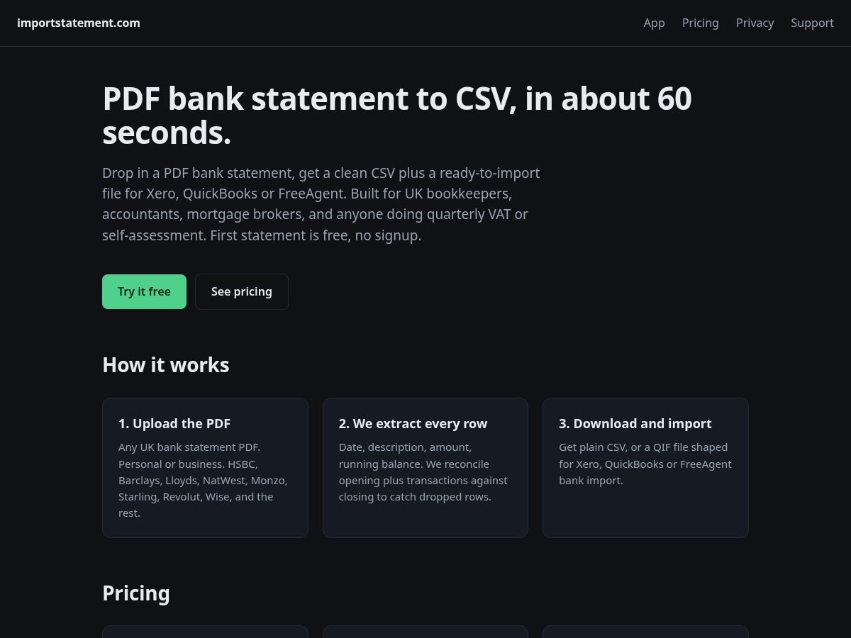 Landing-page snapshot of importstatement.com