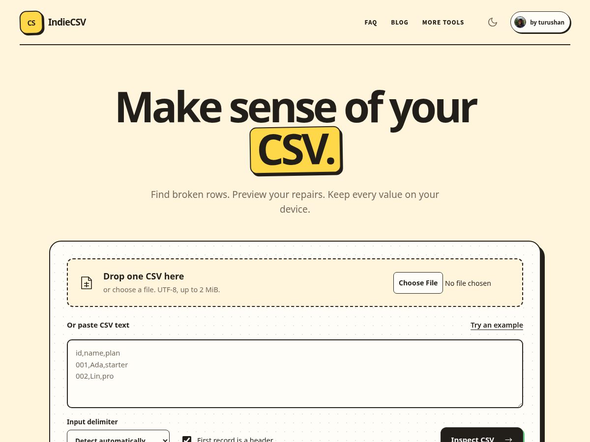 Landing-page snapshot of indiecsv.com
