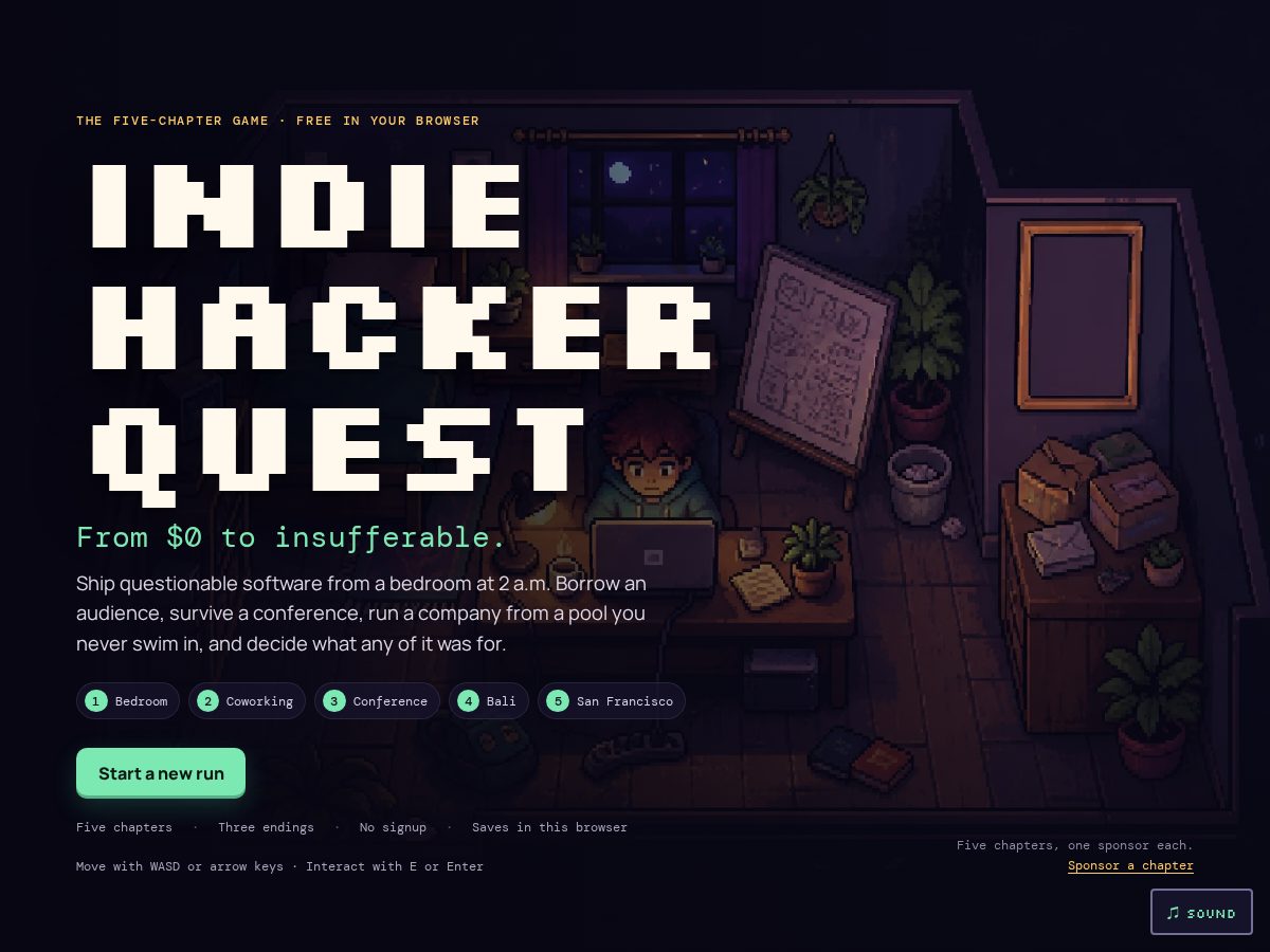 Landing-page snapshot of indiehacker.quest