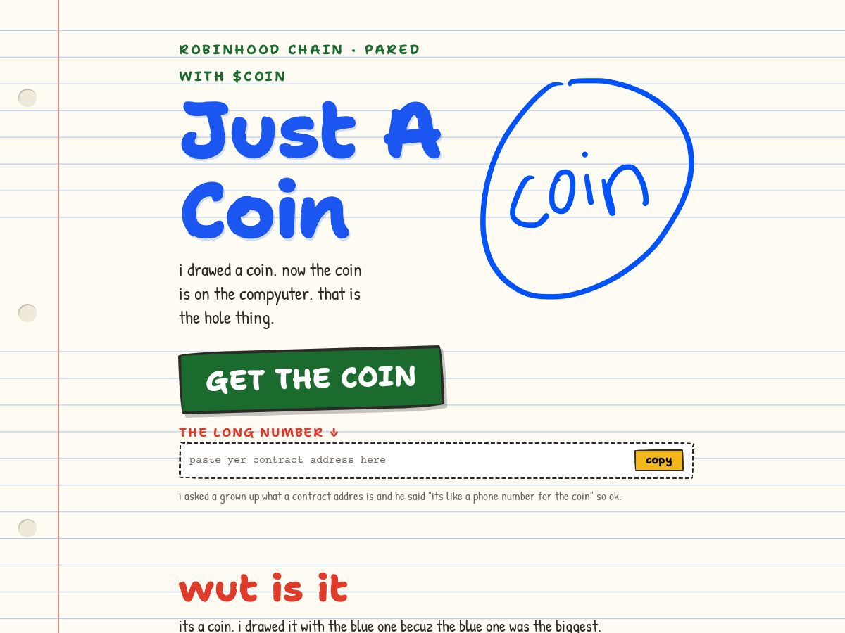 Landing-page snapshot of justacoinonrobinhood.fun