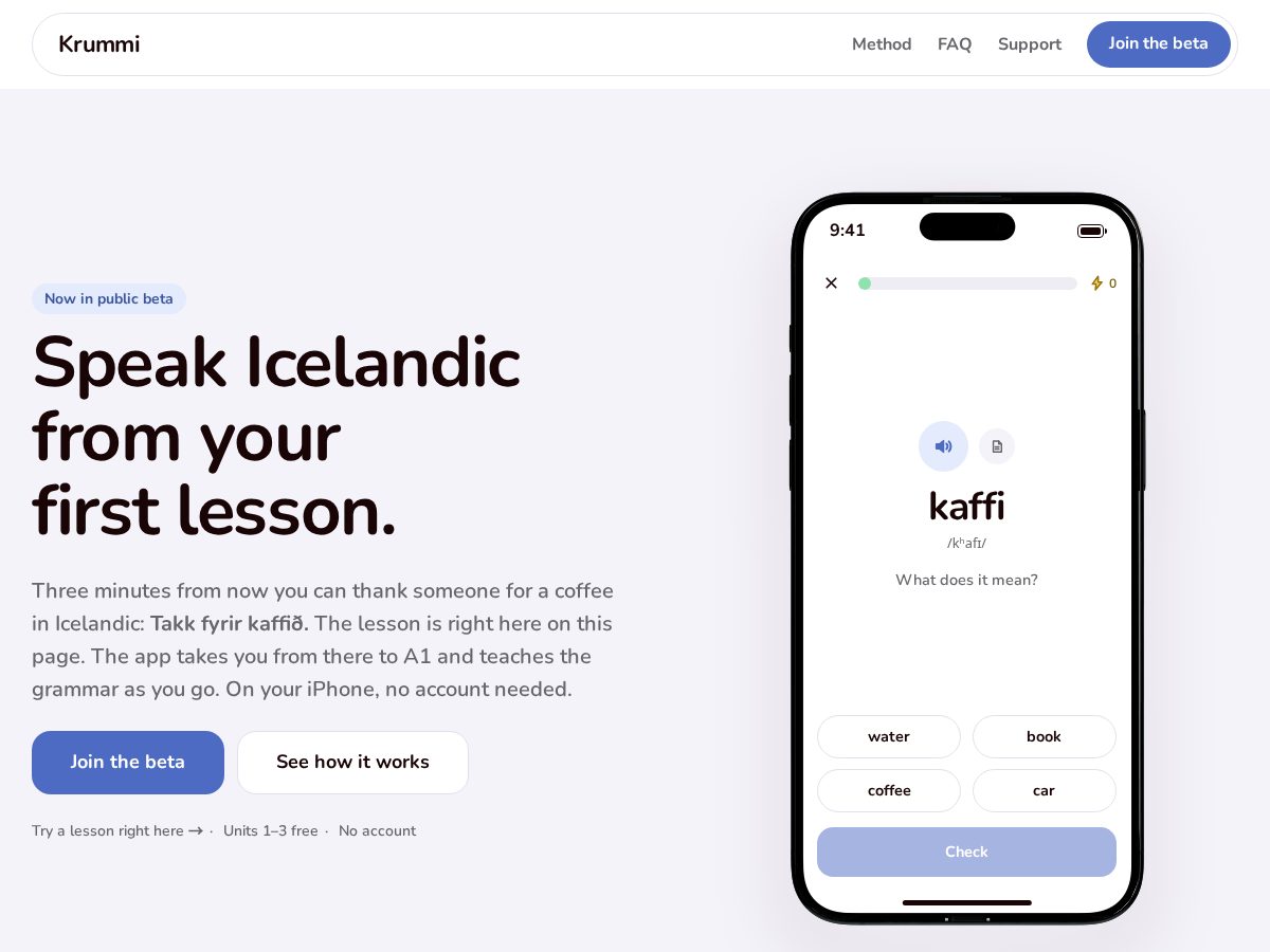 Landing-page snapshot of krummi.app