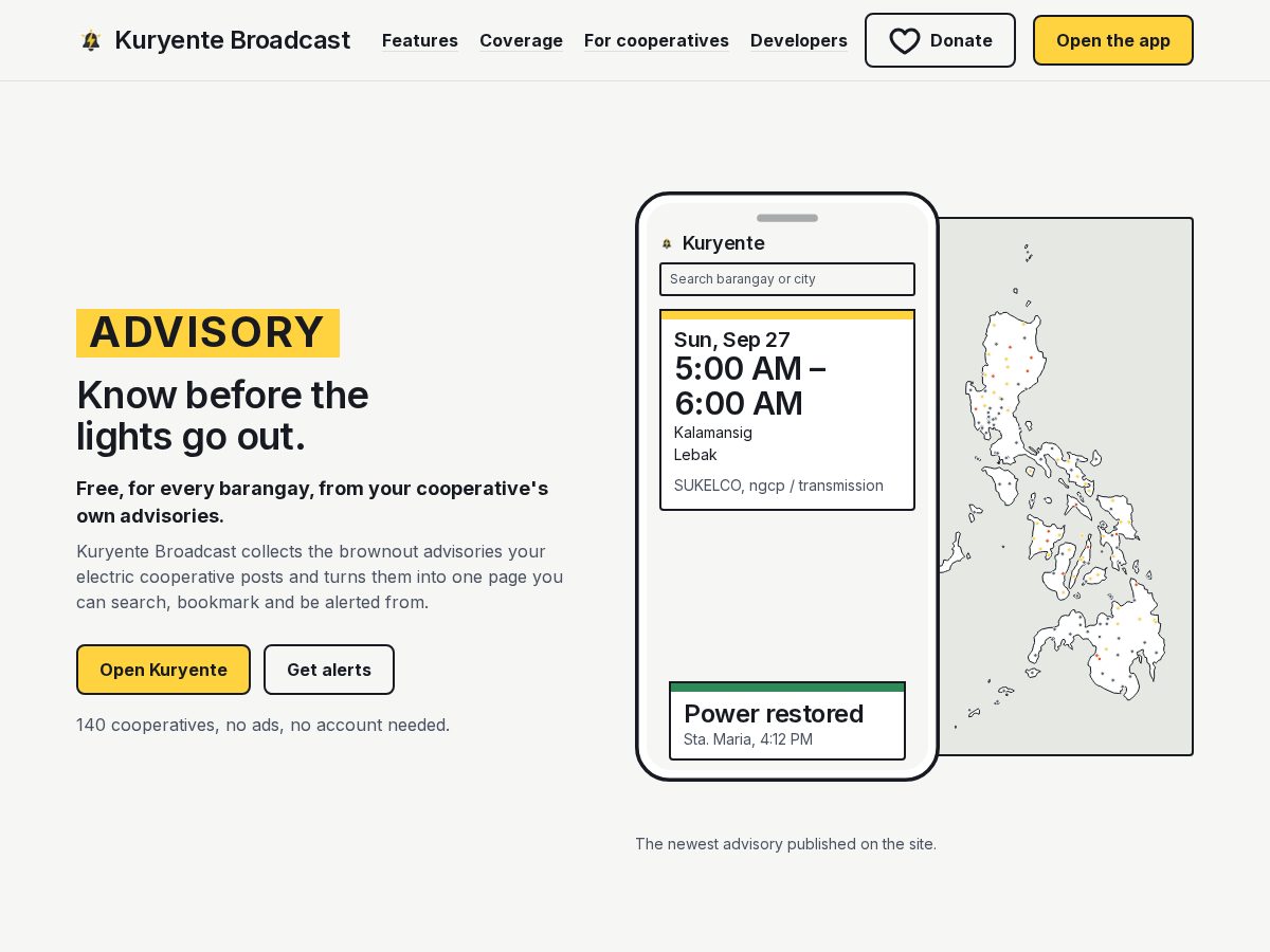 Landing-page snapshot of kuryente.fyi