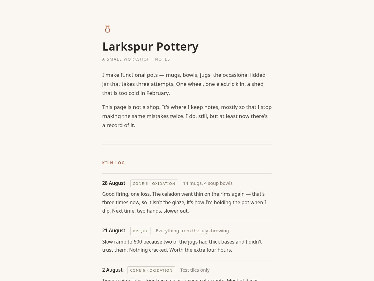 Landing-page snapshot of larkspurpottery.com