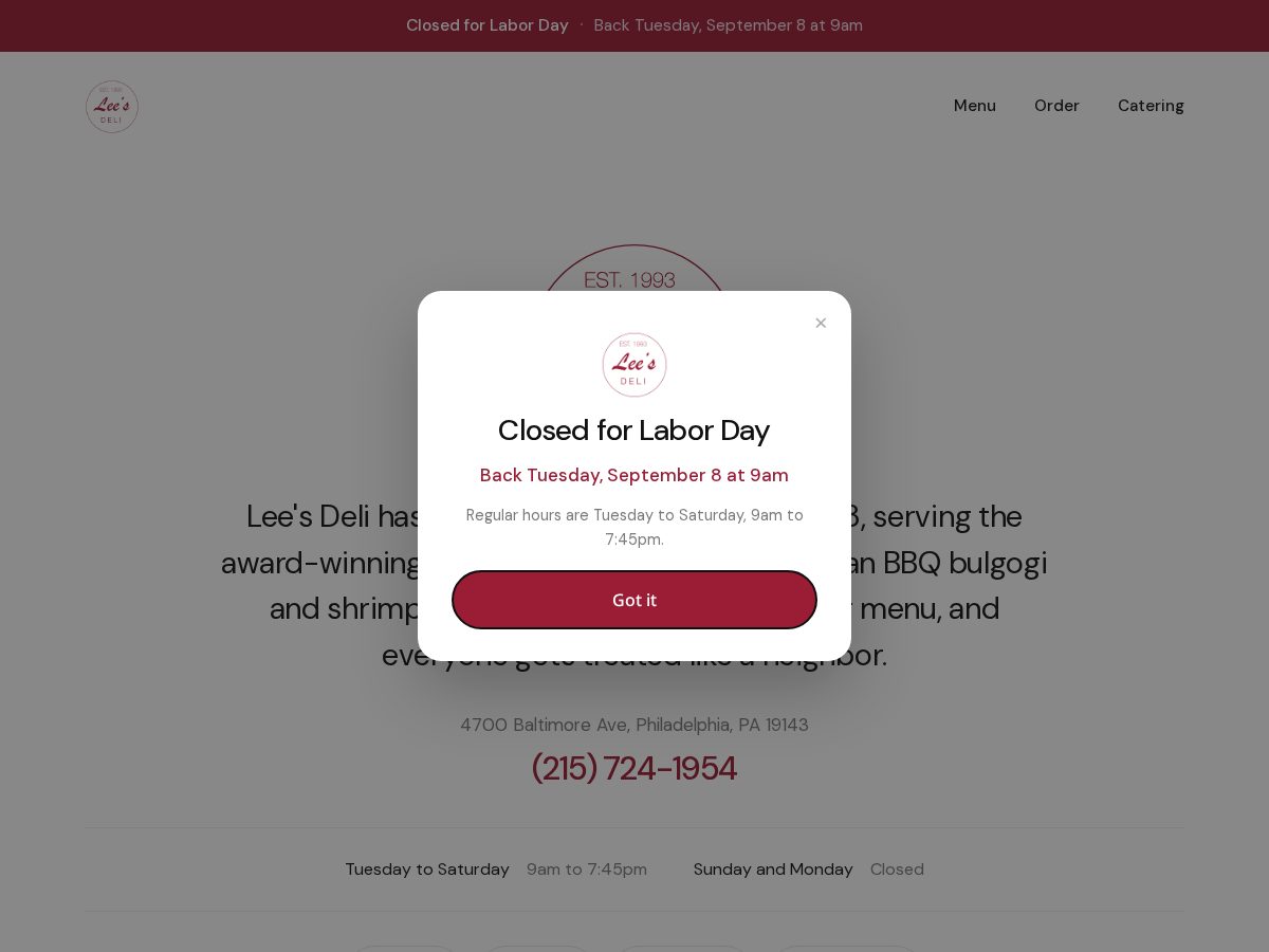 Landing-page snapshot of leesdeliphilly.com