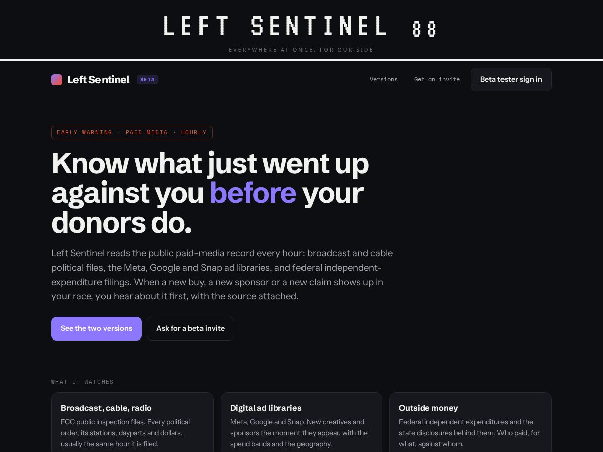 Landing-page snapshot of leftsentinel.com