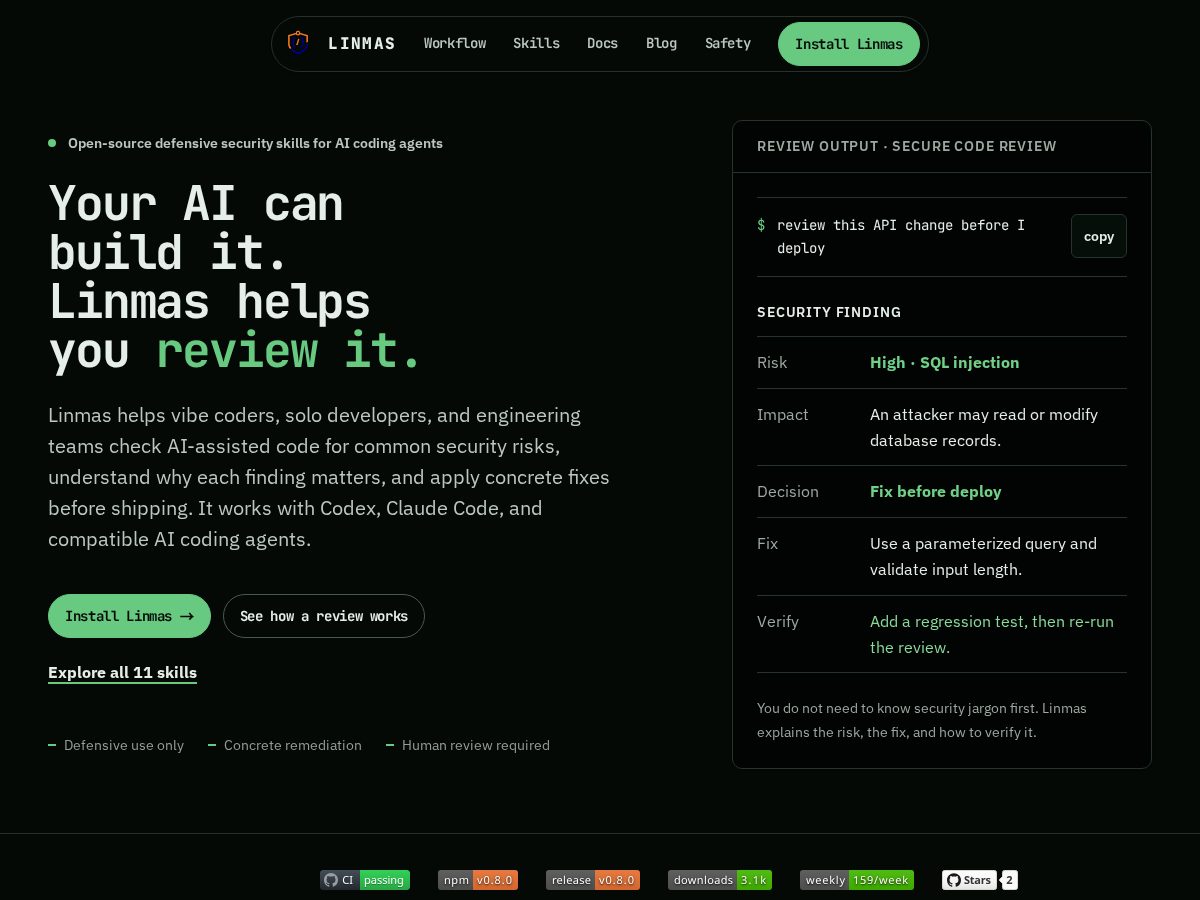Landing-page snapshot of linmas.dev