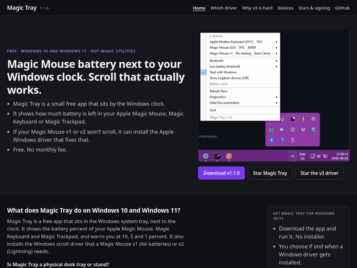 Landing-page snapshot of magictray.app