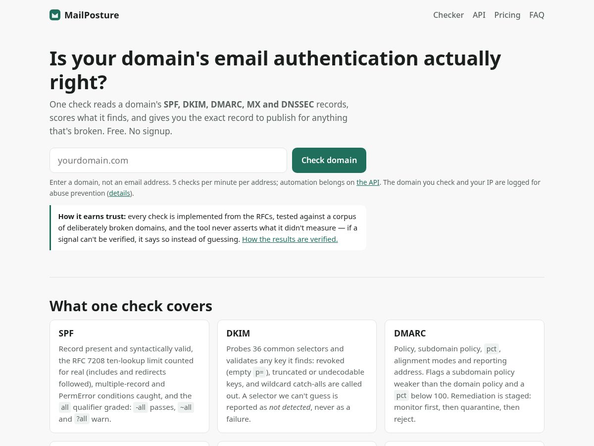 Landing-page snapshot of mailposture.dev