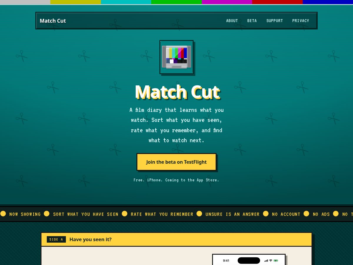 Landing-page snapshot of matchcut.watch