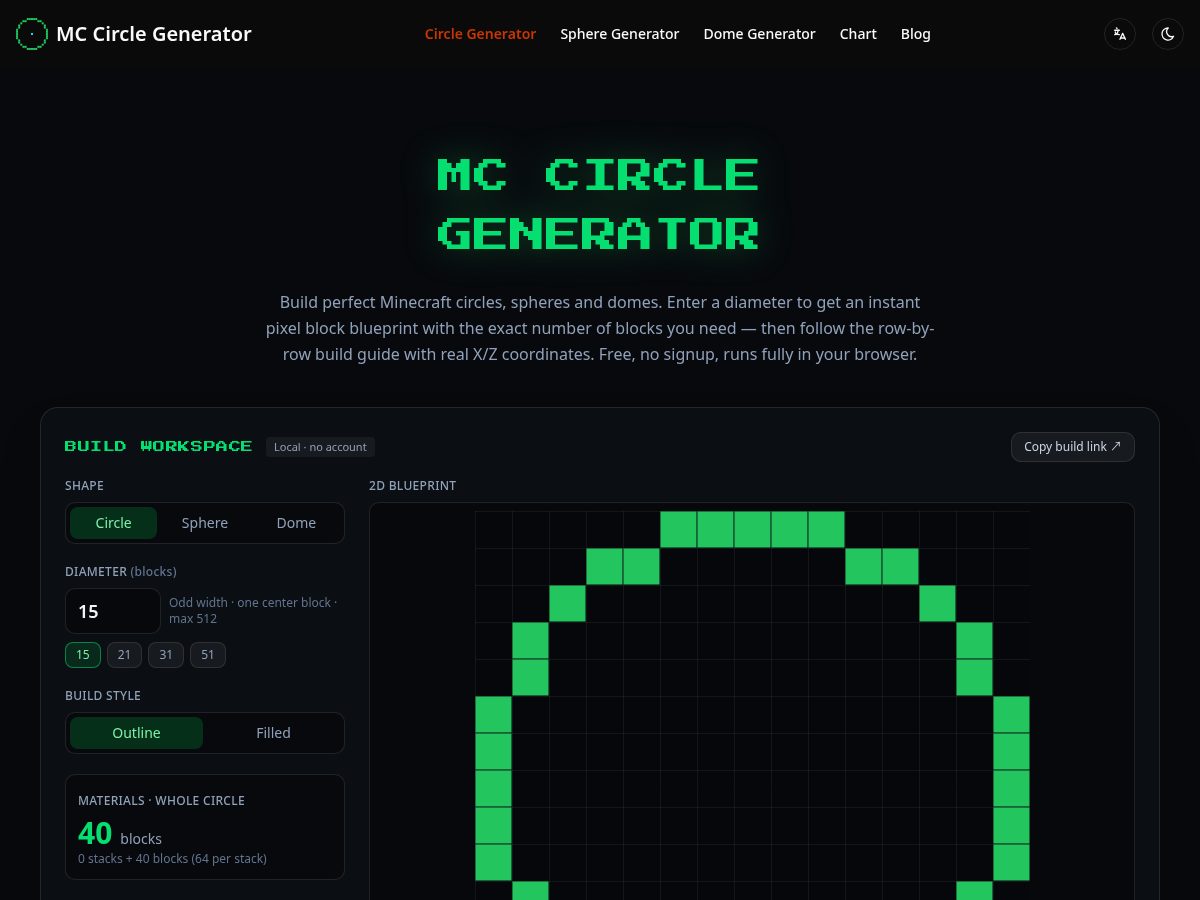 Landing-page snapshot of mc-circle-generator.com