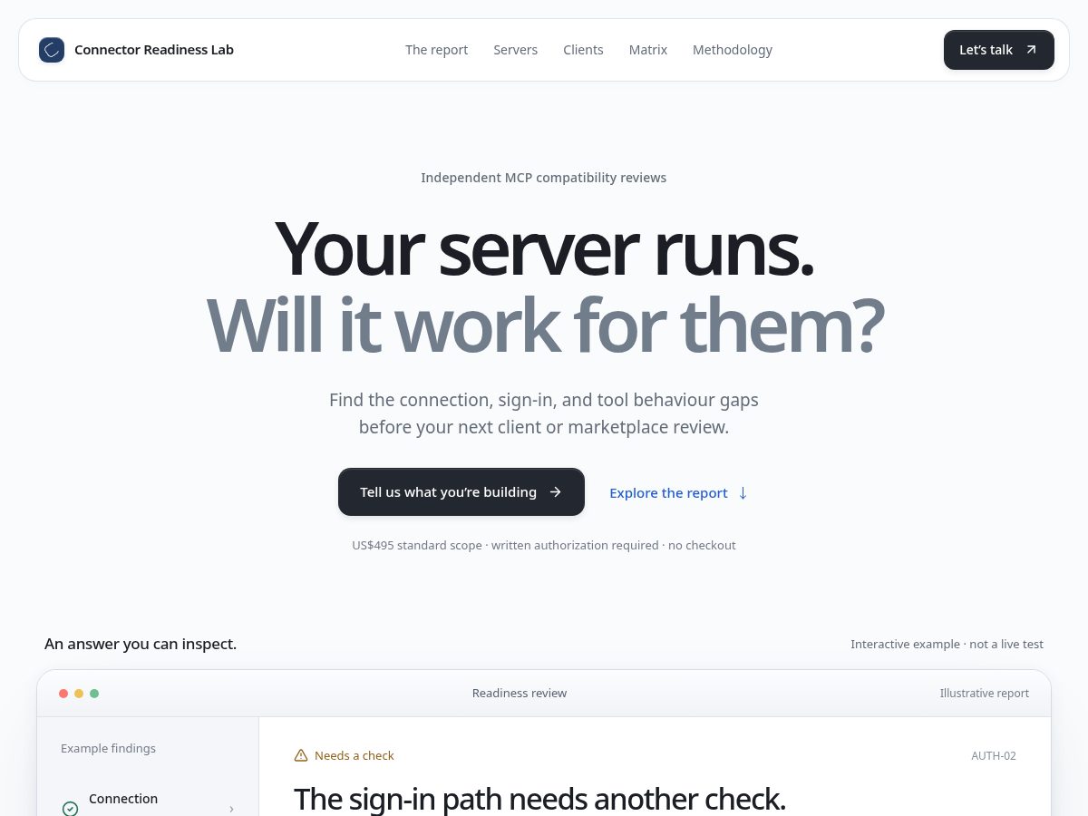 Landing-page snapshot of mcpcompatibilityreview.site