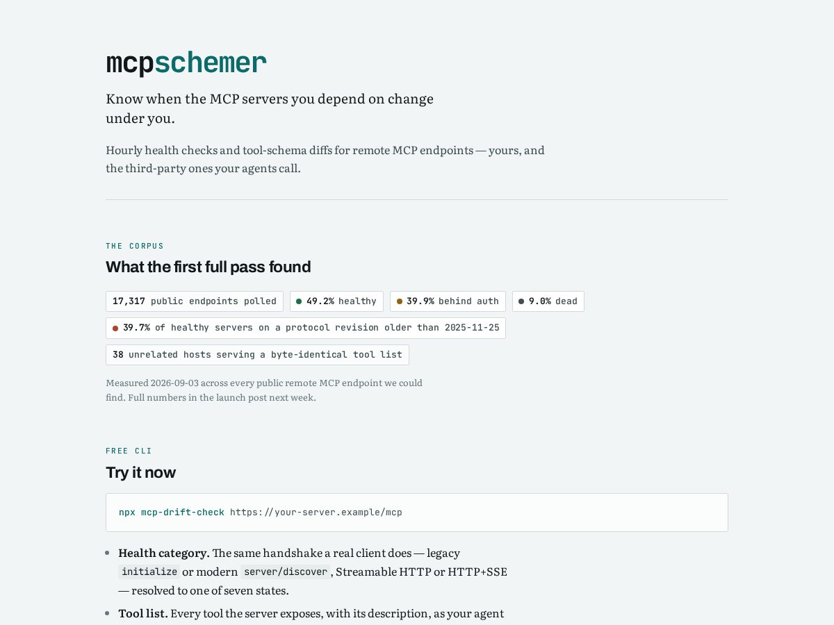 Landing-page snapshot of mcpschemer.dev