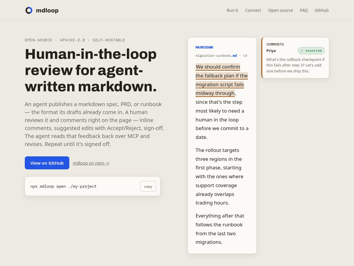 Landing-page snapshot of mdloop.dev