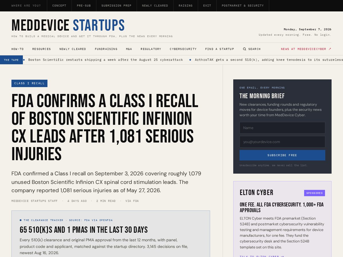Landing-page snapshot of meddevicestartups.com