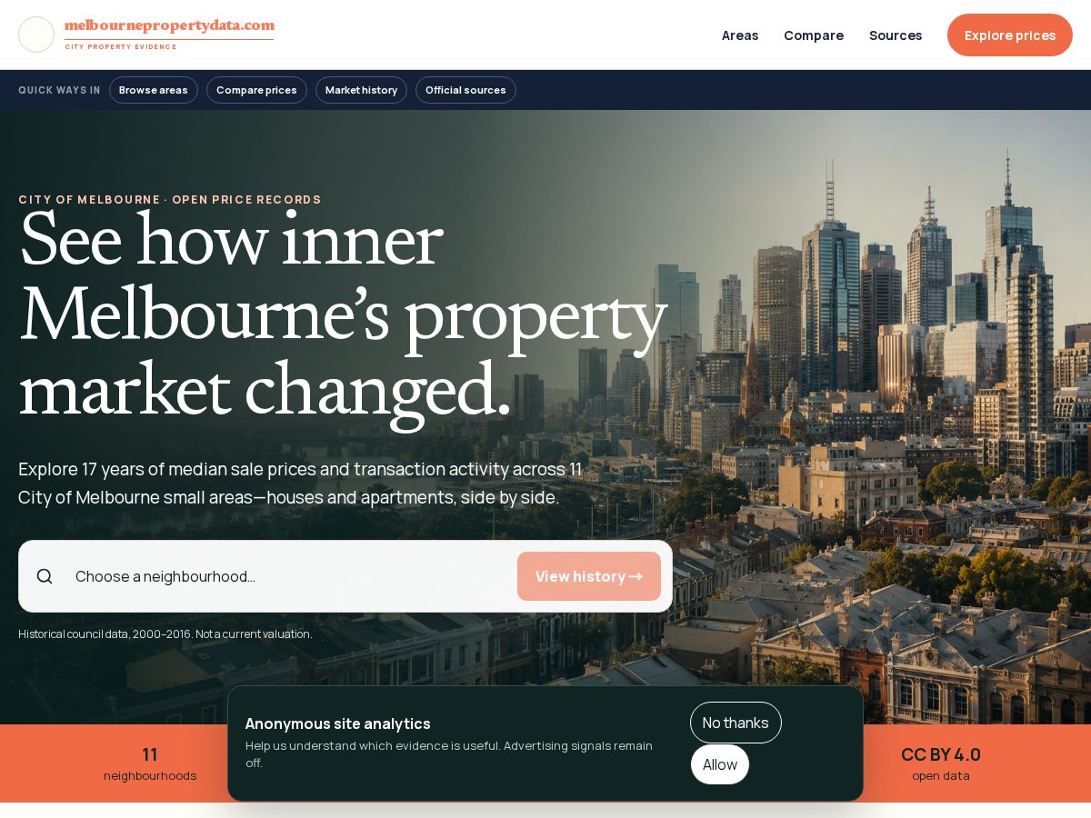 Landing-page snapshot of melbournepropertydata.com