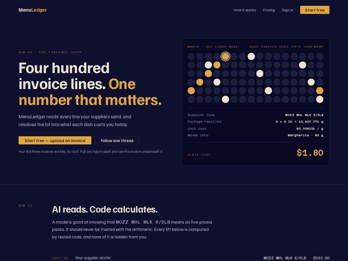 Landing-page snapshot of menuledger.app