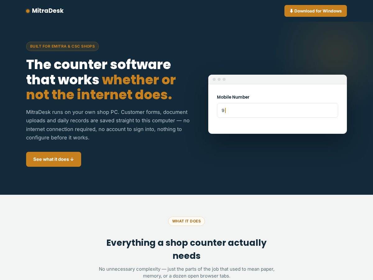 Landing-page snapshot of mitradesk.com