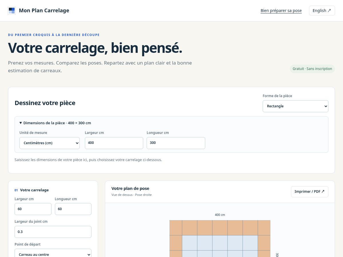 Landing-page snapshot of monplancarrelage.com