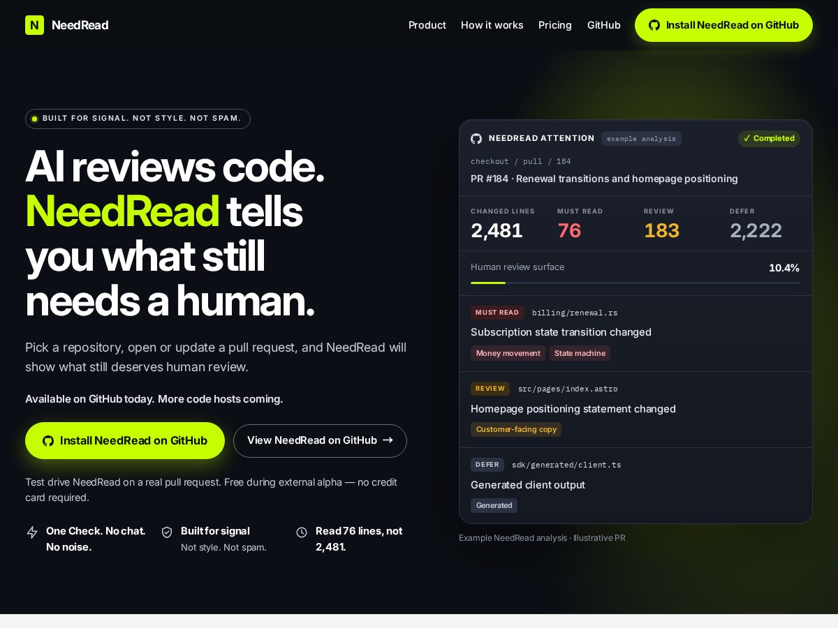 Landing-page snapshot of needread.dev