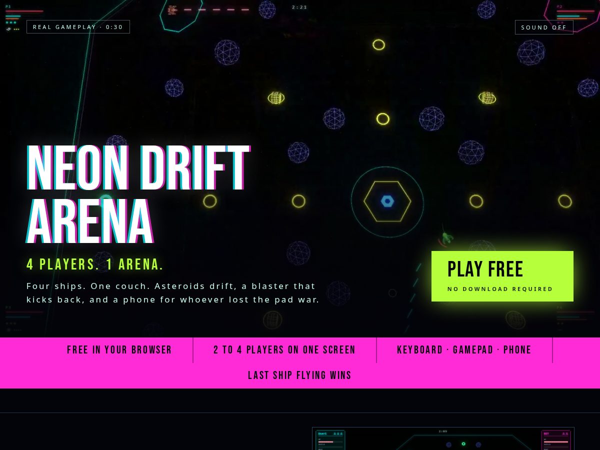 Landing-page snapshot of neondriftarena.com