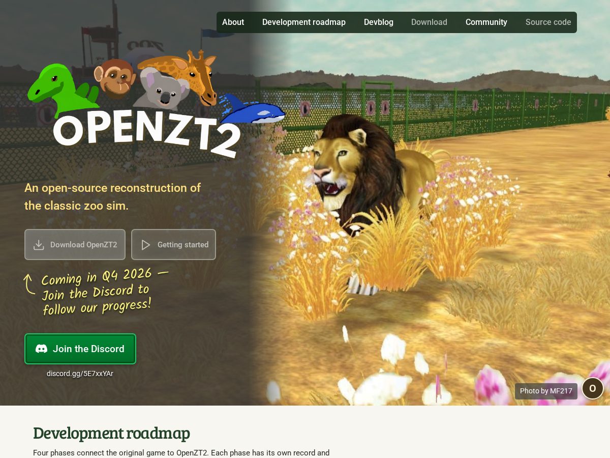 Landing-page snapshot of openzt2.org