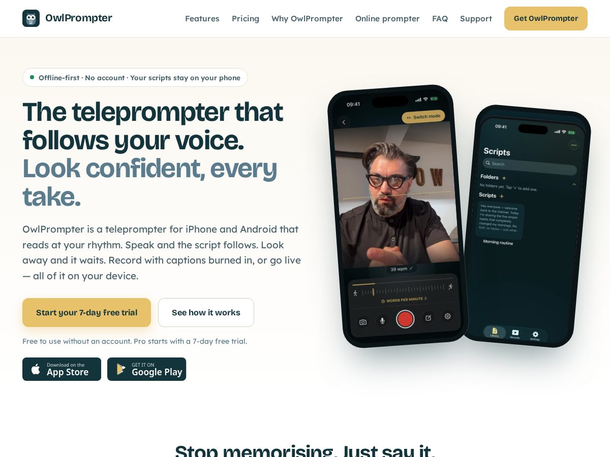 Landing-page snapshot of owlprompter.app