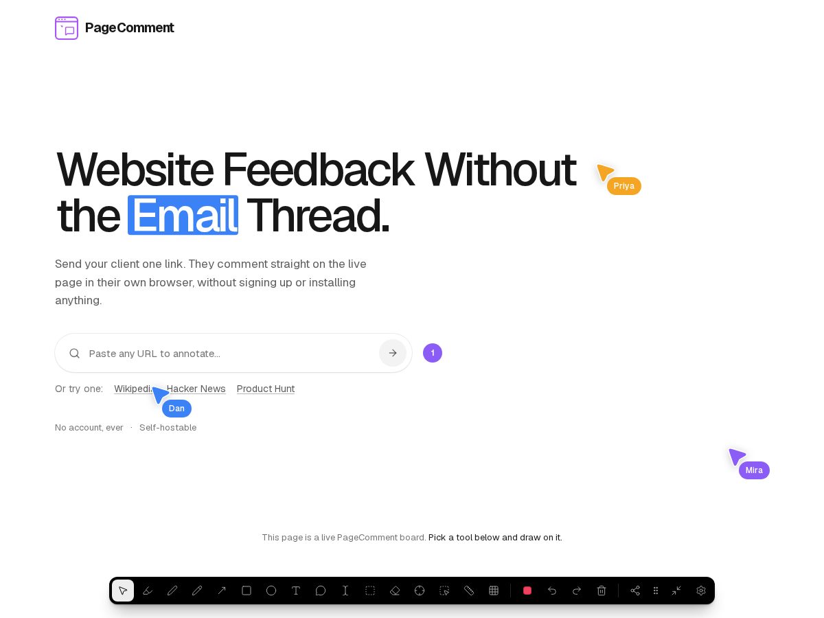 Landing-page snapshot of pagecomment.com